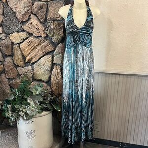 Shoreline Teal and Black Halter Maxi Dress